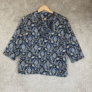Talbots Blouse Womens Small Petite Blue Floral Cotton 3/4 Sleeve Pullover- 4436